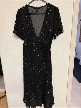 Forever 21 Black Wrap Midi Dress with Gold Dot Accents